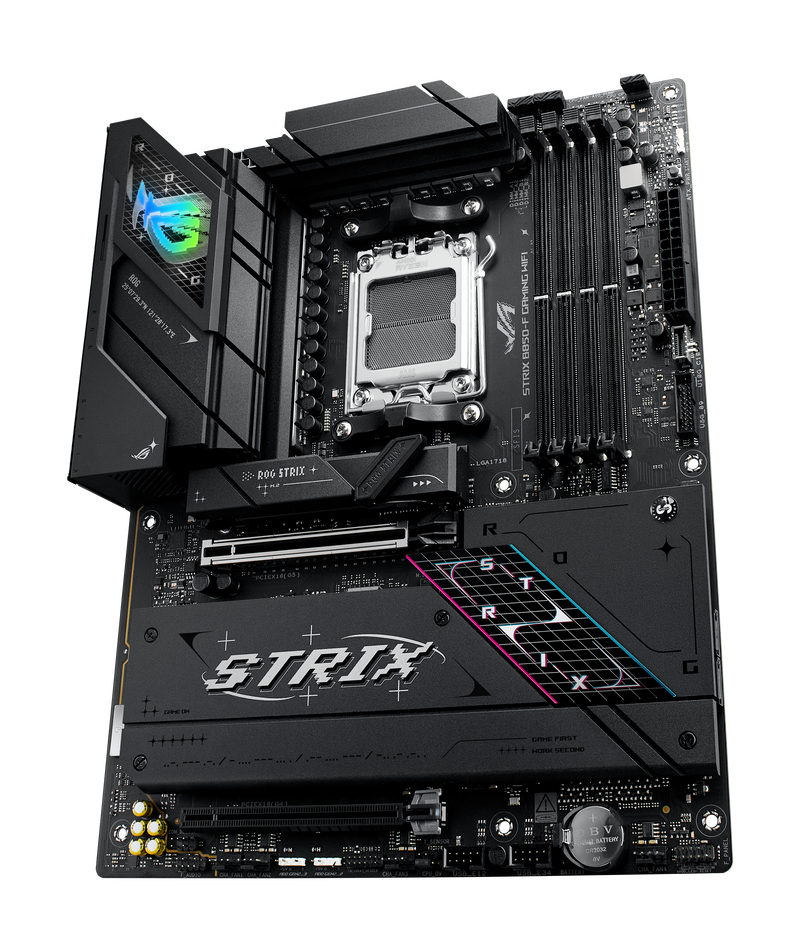 Nærbilde av ASUS ROG Strix B850-F Gaming WiFi hovedkort kjøling
