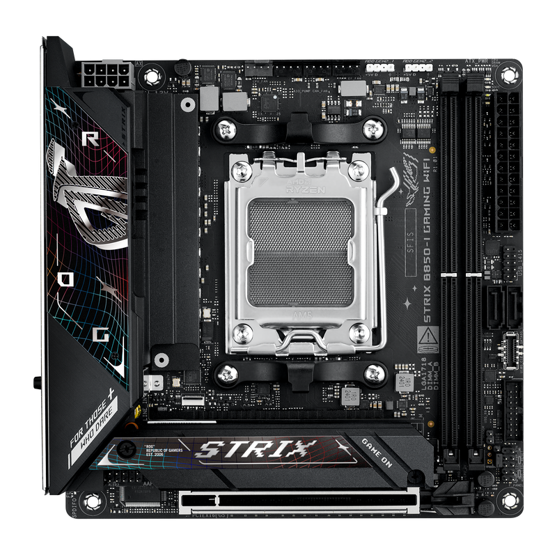 Baksiden av ASUS ROG Strix B850-I Gaming WiFi hovedkort