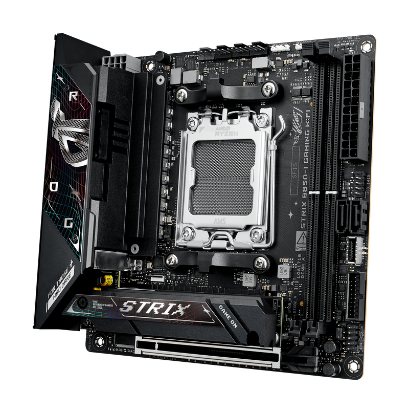 Detaljbilde av ASUS ROG Strix B850-I Gaming WiFi hovedkortets kjøler