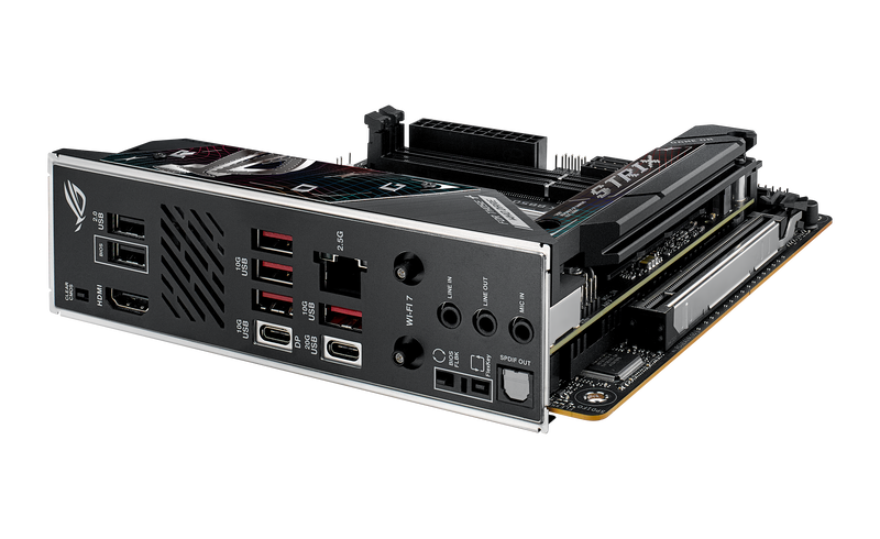 Detalj av RGB-tilkoblinger på ASUS ROG Strix B850-I Gaming WiFi hovedkort