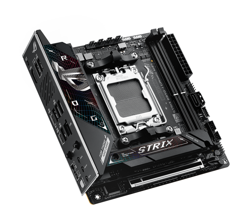 Nærbilde av USB-porter på ASUS ROG Strix B850-I Gaming WiFi hovedkort