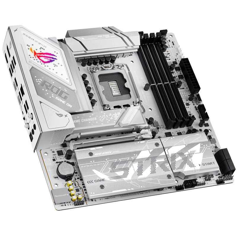 Bakside av ASUS ROG Strix B860-G Gaming WiFi hovedkort mATX DDR5 hvit