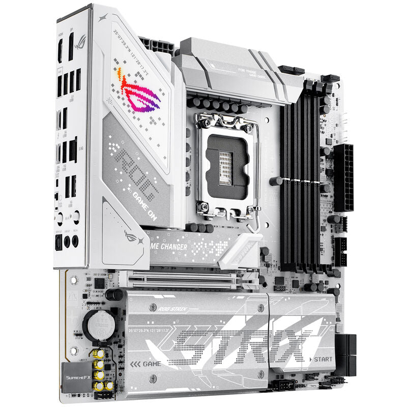 ASUS ROG Strix B860-G Gaming WiFi hovedkort mATX DDR5 hvit med synlige DIMM-spor