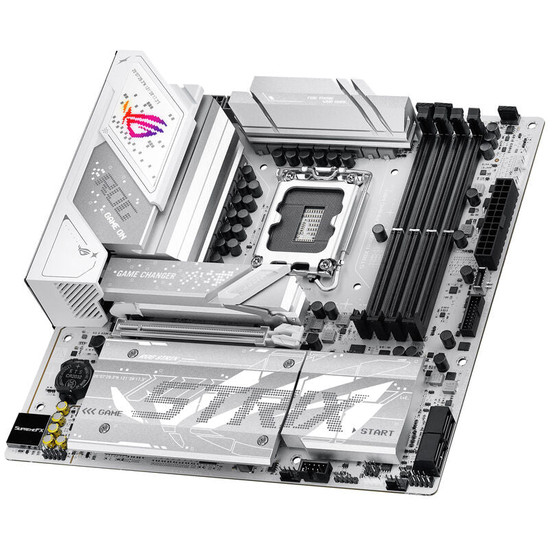 Nærbilde av ASUS ROG Strix B860-G Gaming WiFi hovedkort mATX DDR5 hvit kjøler og kondensatorer