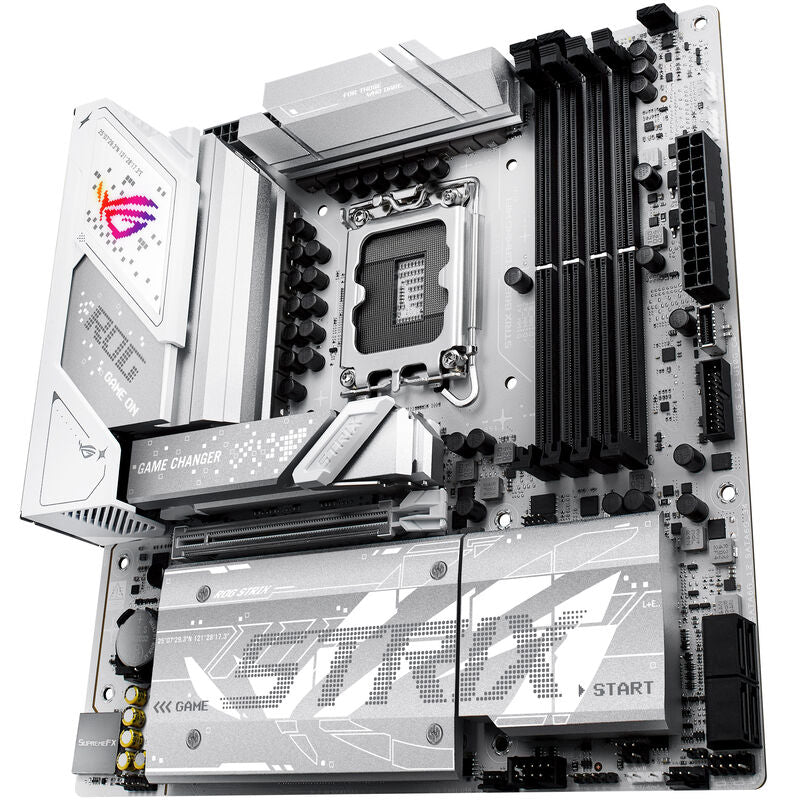 ASUS ROG Strix B860-G Gaming WiFi hovedkort mATX DDR5 hvit med RGB-belysning aktivert