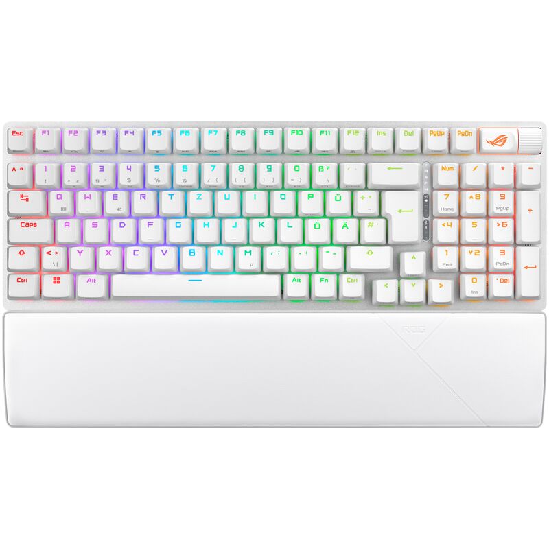 Detalj av ASUS ROG Strix Scope II 96 trådløs gamingtastatur RGB hvit taster
