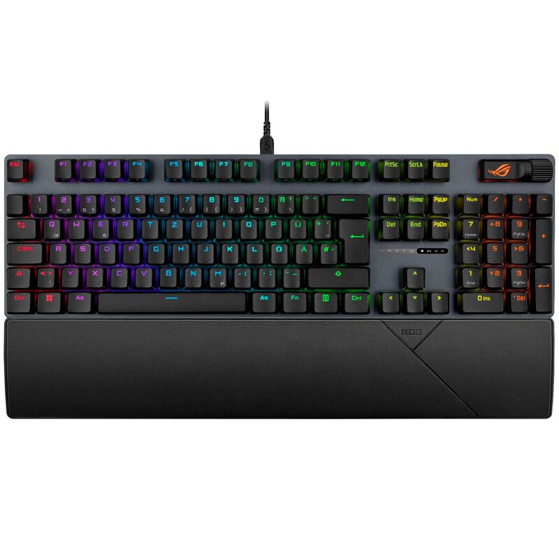 Detalj av ASUS ROG Strix Scope II gamingtastatur RGB ROG NX Snow svart taster