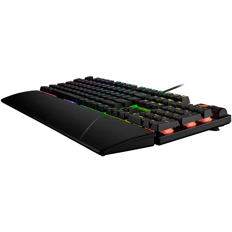Nærbilde av ASUS ROG Strix Scope II gamingtastatur RGB ROG NX Snow svart håndleddstøtte