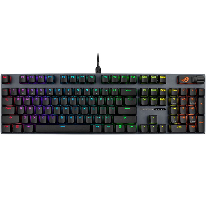 ASUS ROG Strix Scope II gamingtastatur RGB ROG NX Snow svart montert på skrivebord