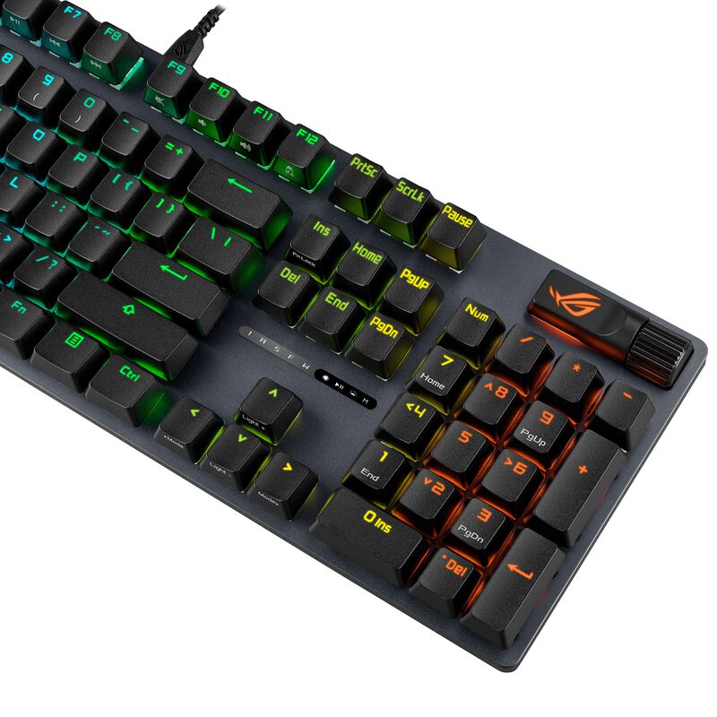 Sideprofil av ASUS ROG Strix Scope II gamingtastatur RGB ROG NX Snow svart