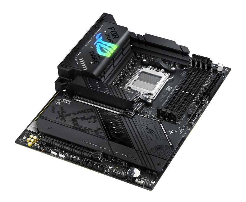 Sidevisning av ASUS ROG Strix X870-F Gaming WiFi hovedkort