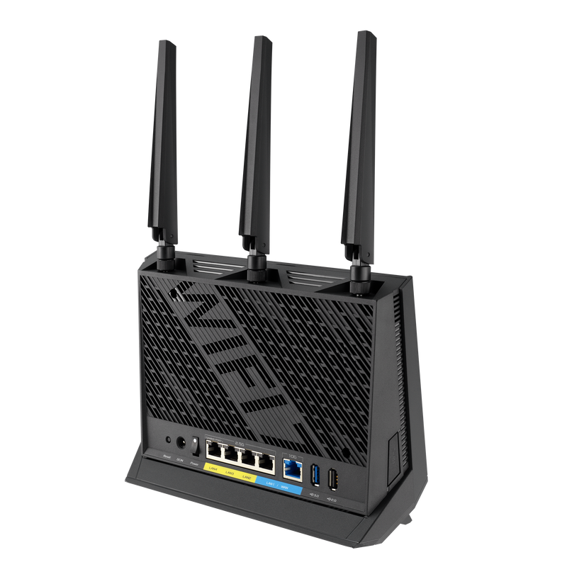 Bakside av ASUS RT-BE86U WiFi 7 ruter