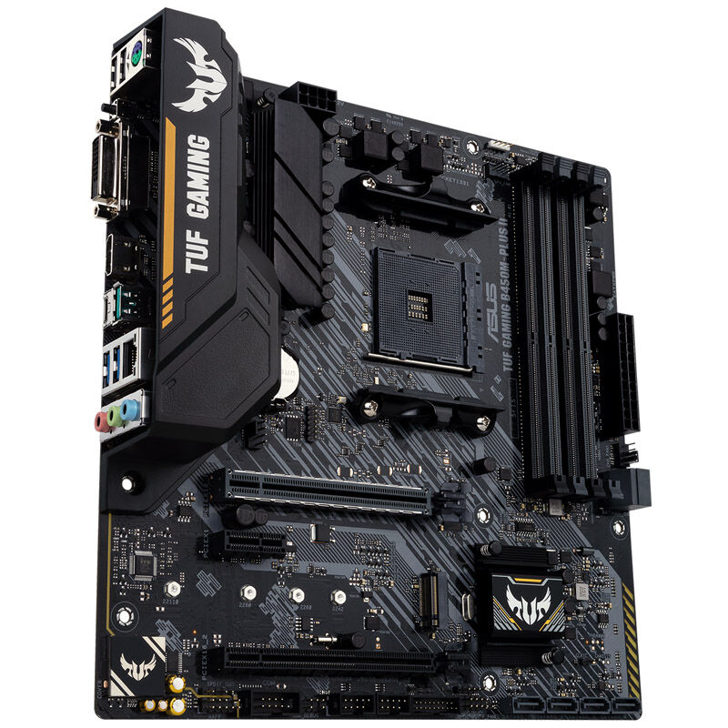 Nærbilde av ASUS TUF B450M-Plus II Gaming hovedkort PCB