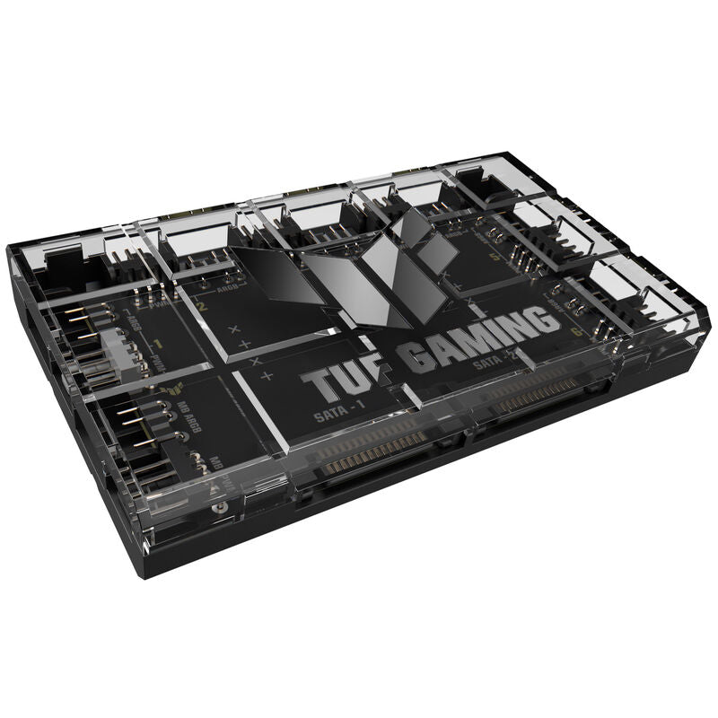 Detalj av ASUS TUF Gaming ARGB PWM viftehub 6-port svart med kabler