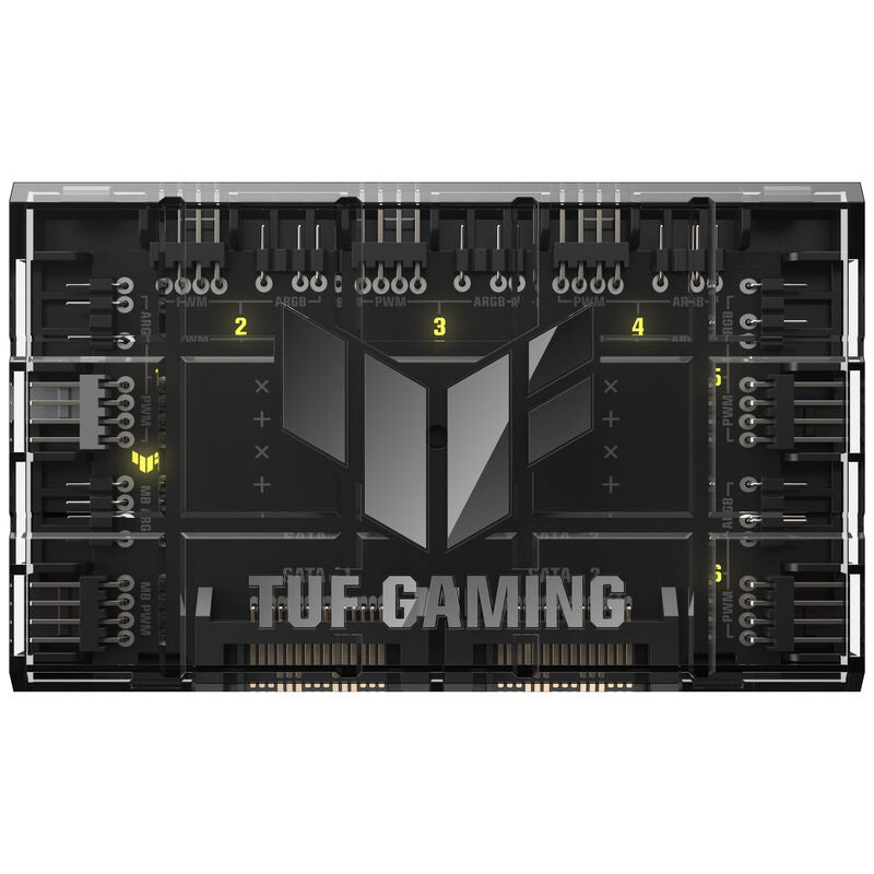 Nærbilde av magnetisk feste på ASUS TUF Gaming ARGB PWM viftehub 6-port svart