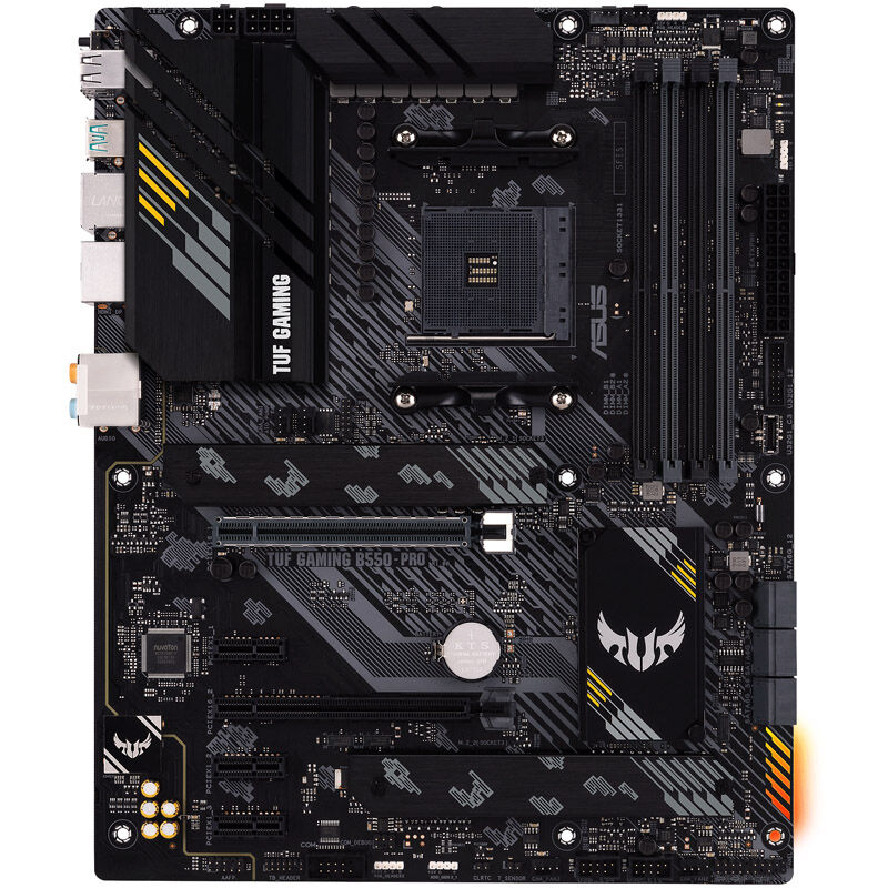 Detalj av ASUS TUF Gaming B550-Pro hovedkort PCIe slot