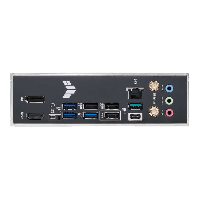 Detalj av ASUS TUF Gaming B650-E WiFi hovedkort med porter