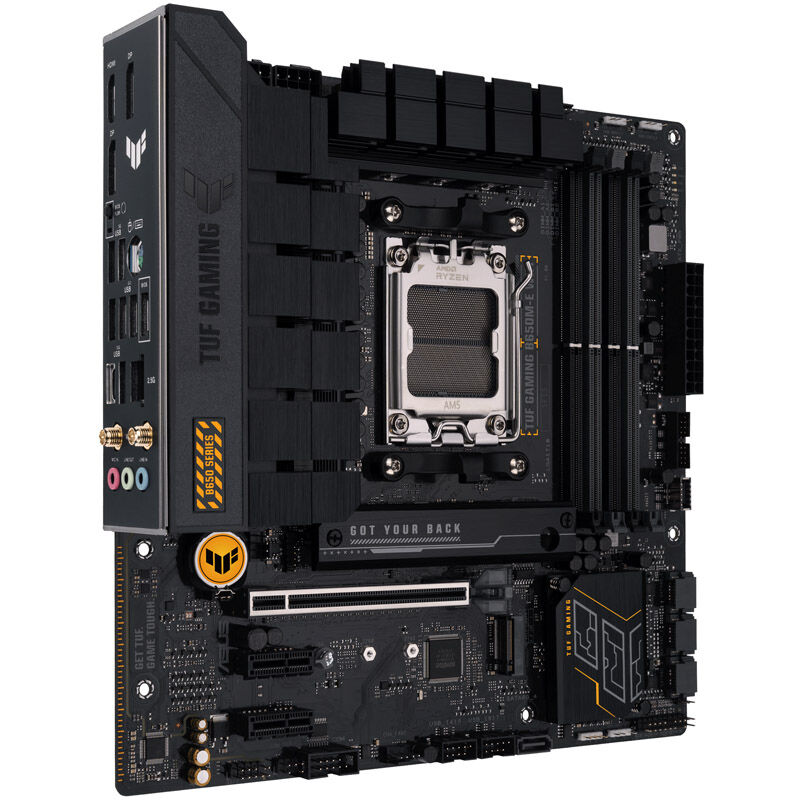 Oversikt over ASUS TUF Gaming B650M-E WIFI hovedkortets M.2- og SATA-tilkoblinger
