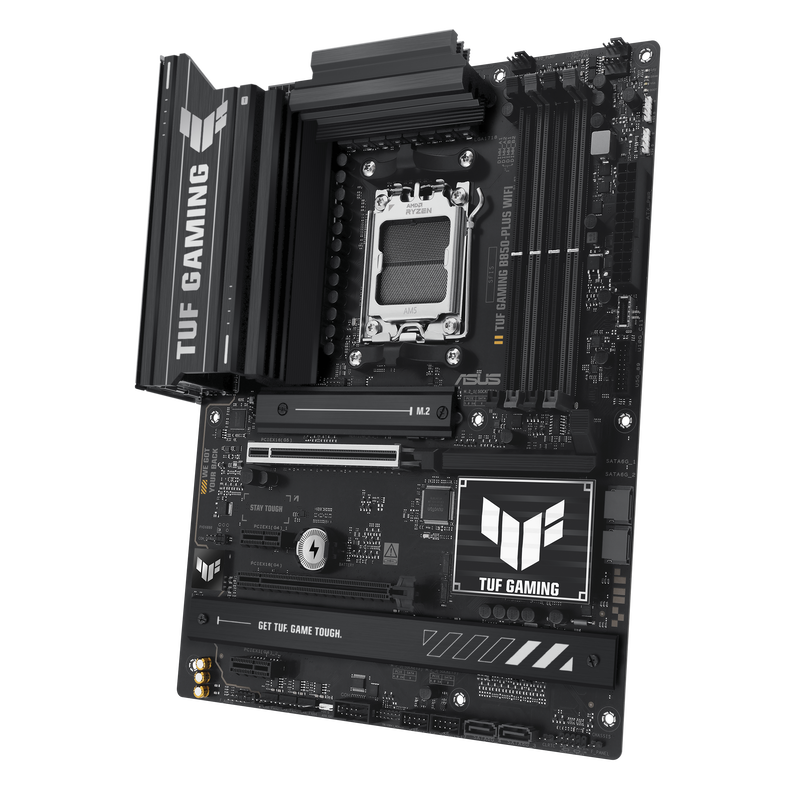 Nærbilde av ASUS TUF Gaming B850-Plus WiFi hovedkort kjøleribber