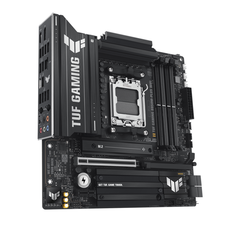 Nærbilde av ASUS TUF Gaming B850M-Plus WiFi hovedkort kjøleribbe