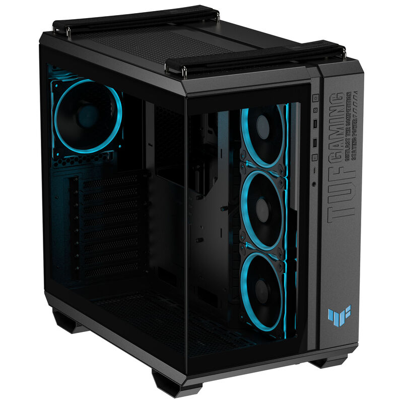 Detalj av ASUS TUF Gaming GT502 Horizon kabinett med herdet glass