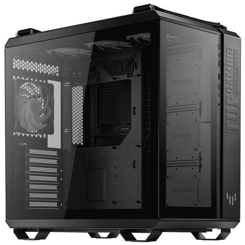 Nærbilde av tonet glasspanel på ASUS TUF Gaming GT502 Plus kabinett midtårn ATX RGB svart