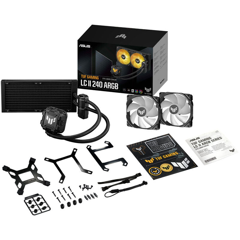 Slanger med svarte sleeves på ASUS TUF Gaming LC II 240 ARGB AIO vannkjøling svart