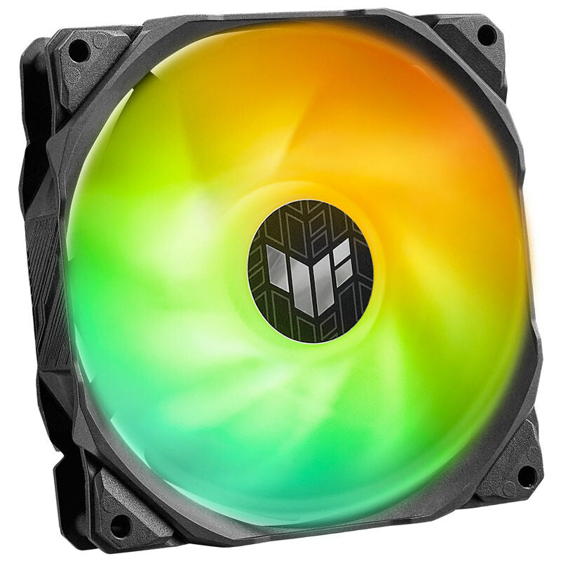 Nærbilde av pumpe med TUF-logo på ASUS TUF Gaming LC II 360 ARGB AIO vannkjøling svart
