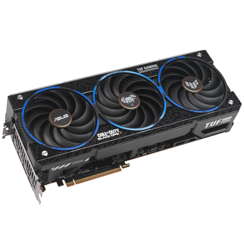 Baksiden av ASUS TUF Gaming RX 9070 XT COD BO7 grafikkort