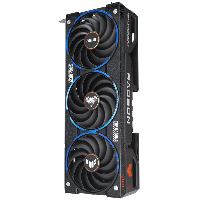 Oversikt over ASUS TUF Gaming RX 9070 XT COD BO7 grafikkort design