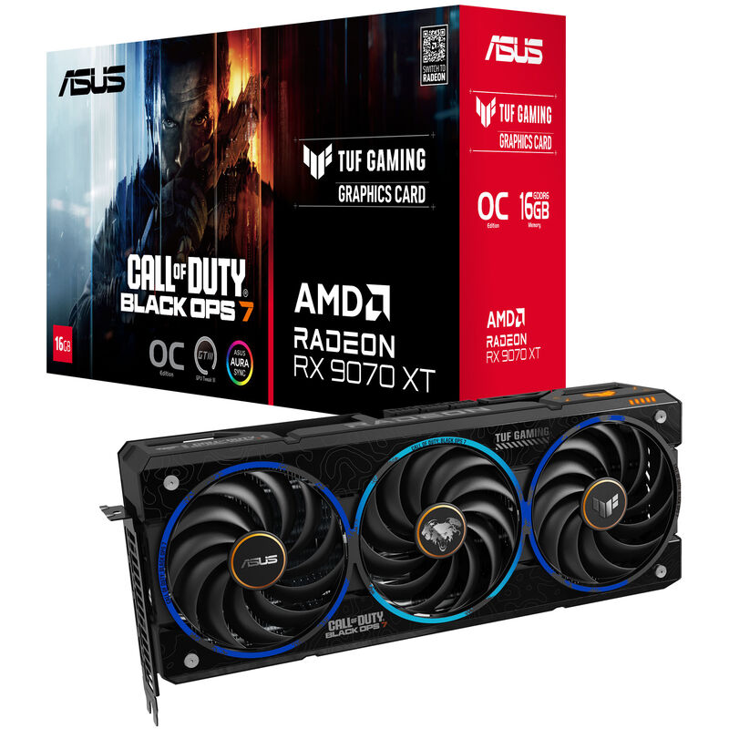 ASUS TUF Gaming RX 9070 XT COD BO7 grafikkort forfra