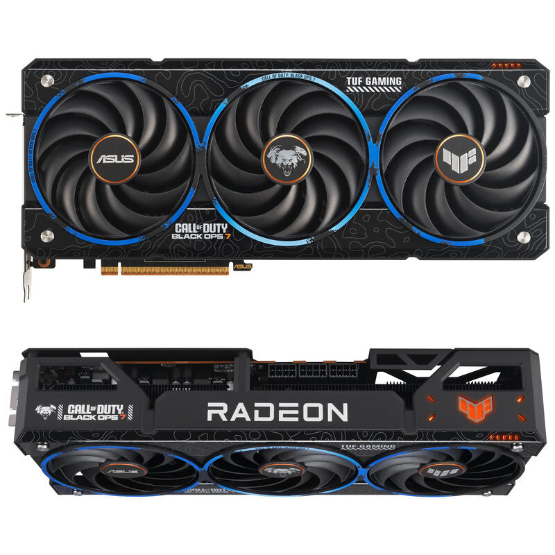Detalj av kjøler og vifter på ASUS TUF Gaming RX 9070 XT COD BO7