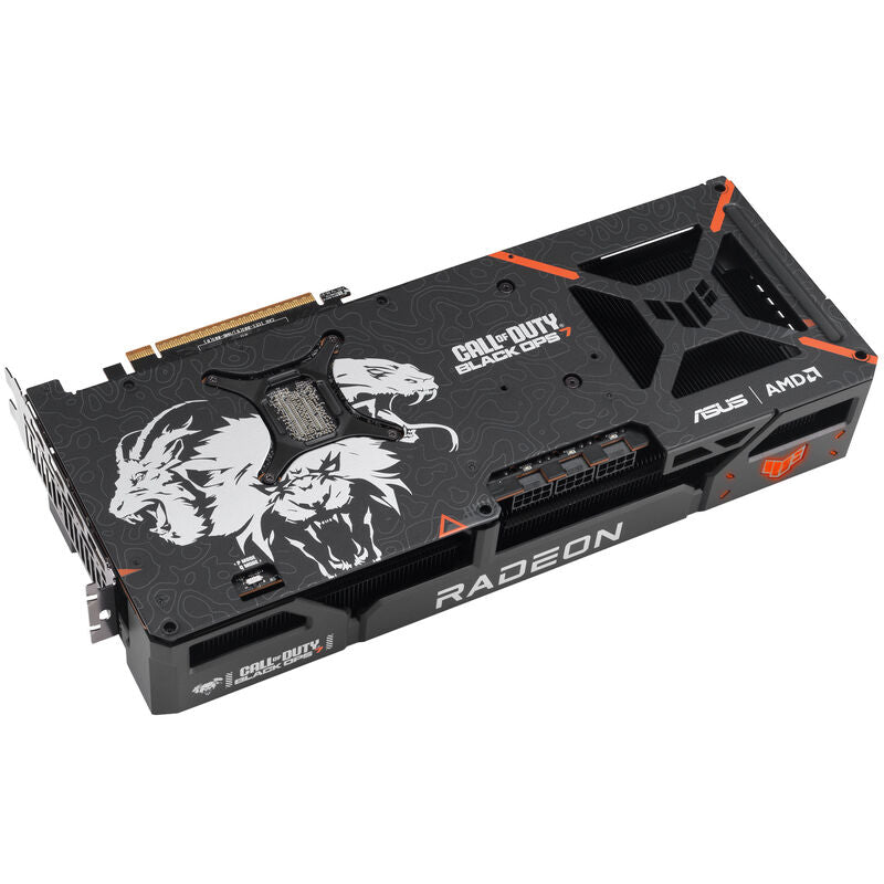 Nærbilde av ASUS TUF Gaming RX 9070 XT COD BO7 grafikkort RGB belysning