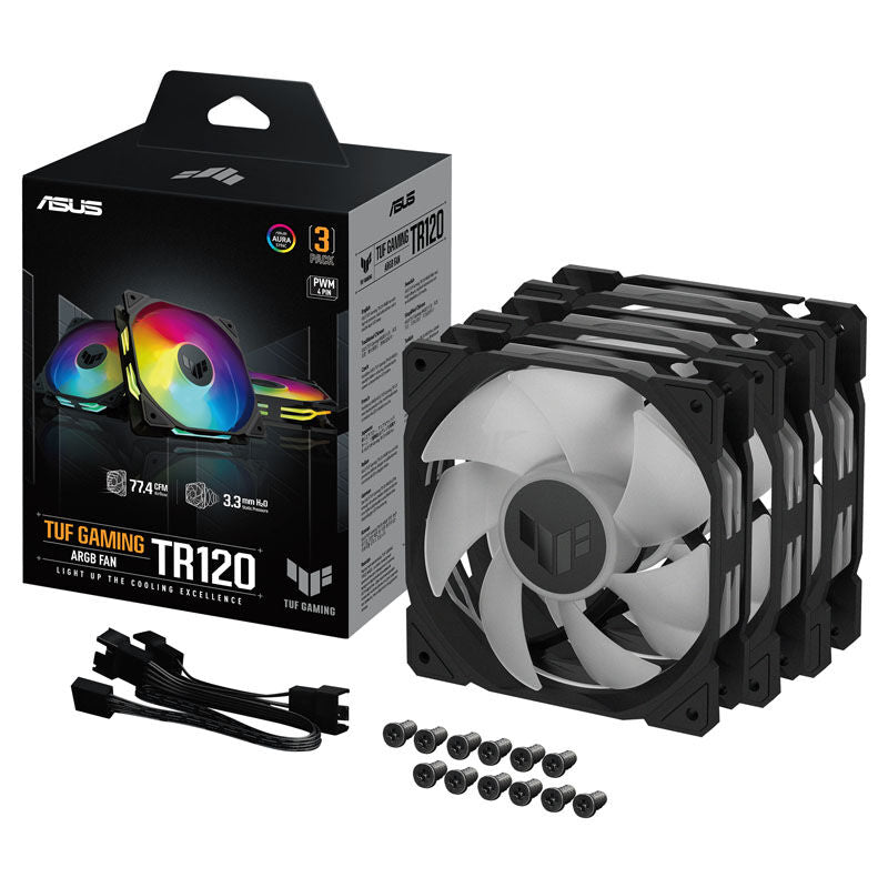 Nærbilde av ASUS TUF Gaming TR120 PWM ARGB vifte 120 mm svart med ARGB-lys