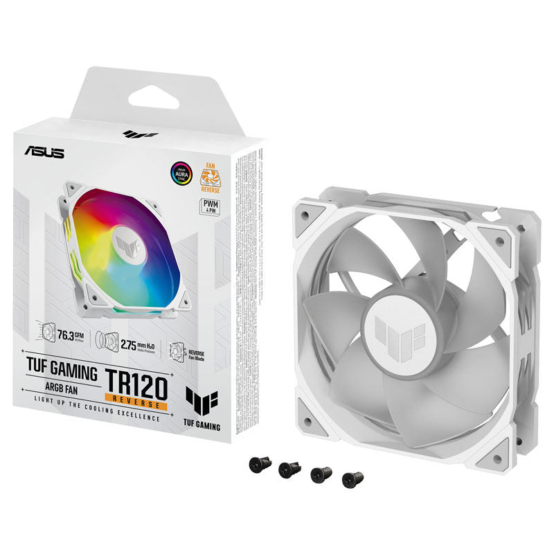 Nærbilde av ASUS TUF Gaming TR120 Reverse PWM ARGB vifte 120 mm hvit blad