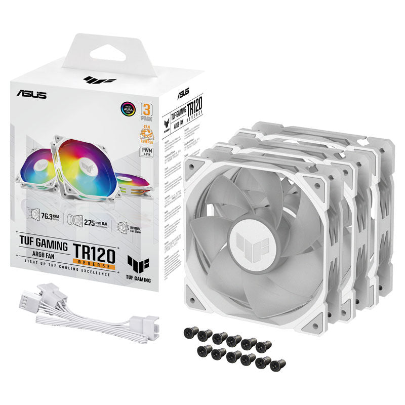 Nærbilde av ASUS TUF Gaming TR120 Reverse PWM ARGB vifte 3-pakk 120 mm hvit