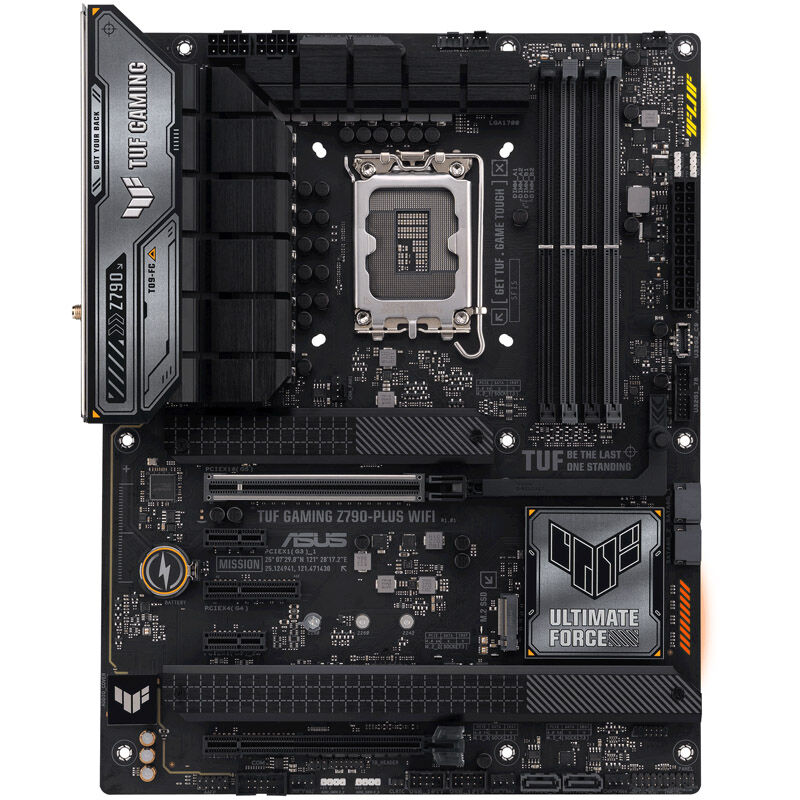 Detalj av ASUS TUF Gaming Z790 Plus WiFi hovedkort med RGB-belysning
