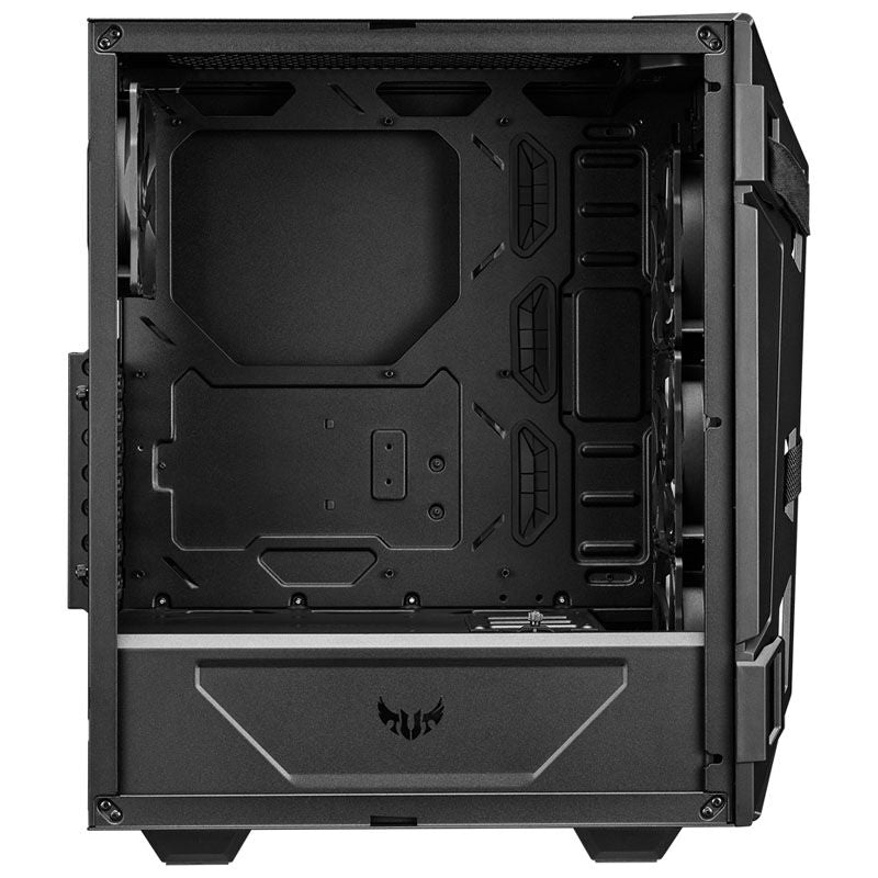 ASUS TUF GT301 kabinett midtårn ATX RGB herdet glass svart nærbilde av RGB-vifte