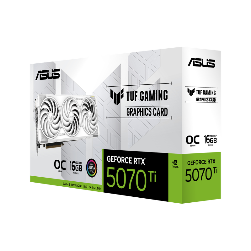 Bakside av ASUS TUF RTX 5070 Ti OC White Edition grafikkort