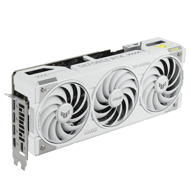Nærbilde av ASUS TUF RTX 5070 Ti OC White Edition grafikkort med lys