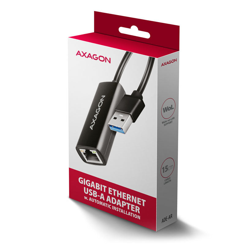 Nærbilde av RJ45-kontakt på AXAGON ADE-AR USB-A 3.2 Gen 1 til Gigabit Ethernet adapter