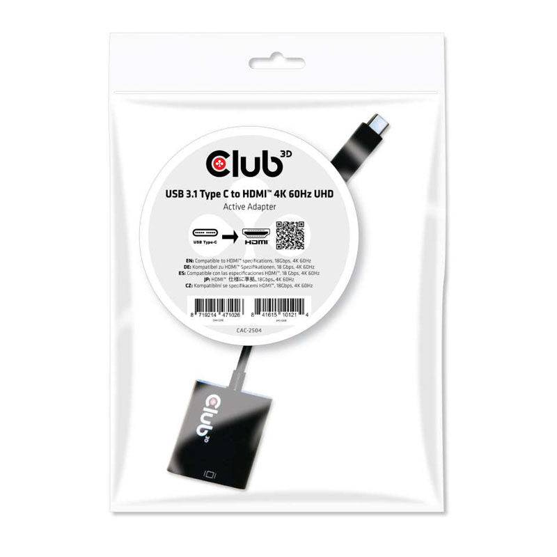 Club 3D USB-C til HDMI 2.0 aktiv adapter 4K 60 Hz nærbilde av koblinger