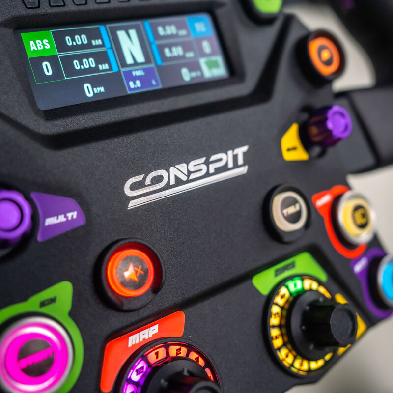 Nærbilde av knapper på CONSPIT 310 APEX simracingratt 310 mm ARGB display svart
