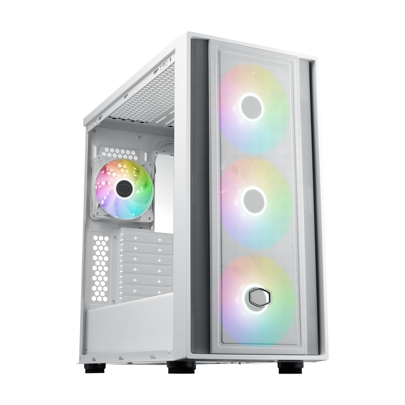 Cooler Master MasterBox 600 ARGB kabinett hvit montert med komponenter