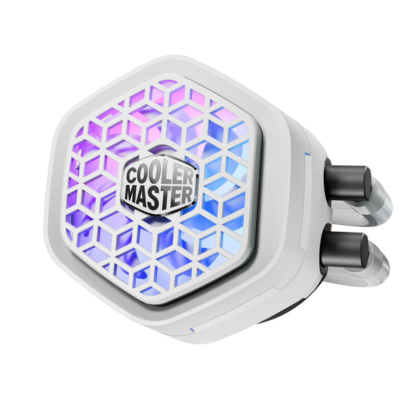 Nærbilde av Cooler Master MasterLiquid 360 Atmos 2 VRM AIO vannkjøling hvit pumpe