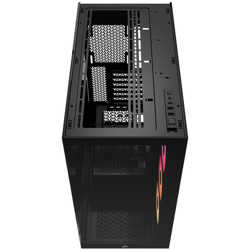 Nærbilde av RGB-belysning i Corsair 3500X RS-R kabinett midtårn E-ATX RGB herdet glass svart