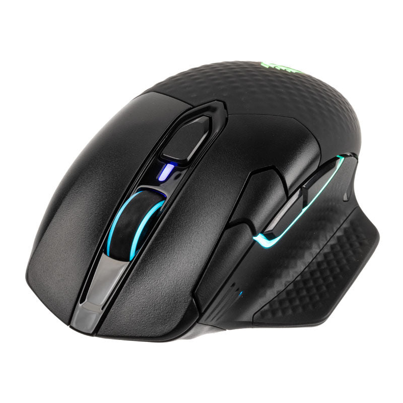 Nærbilde av sideknapper på Corsair Dark Core RGB PRO trådløs gamingmus