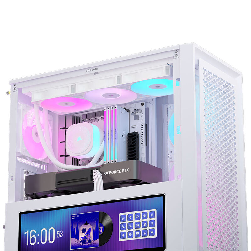 Corsair FRAME 4000D LCD RS kabinett montert med komponenter