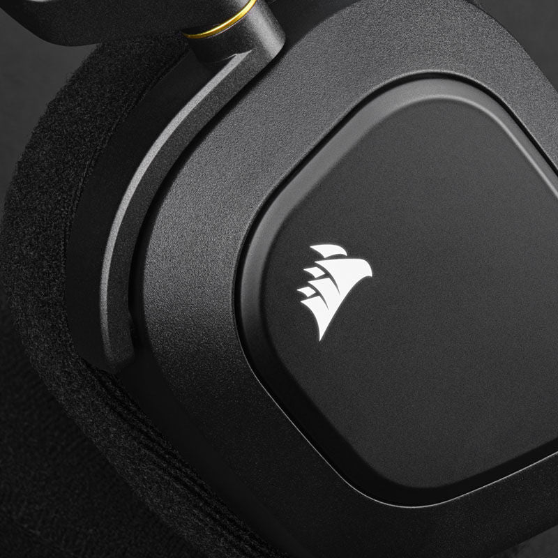 Nærbilde av Corsair HS80 RGB trådløst gamingheadset øreklokker