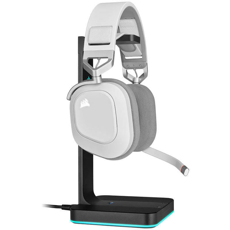 Nærbilde av Corsair HS80 RGB trådløst gamingheadset 7.1 Surround hvit ørepute